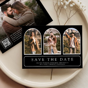 Black Minimal Arch Photo Collage QR Code Wedding Save The Date