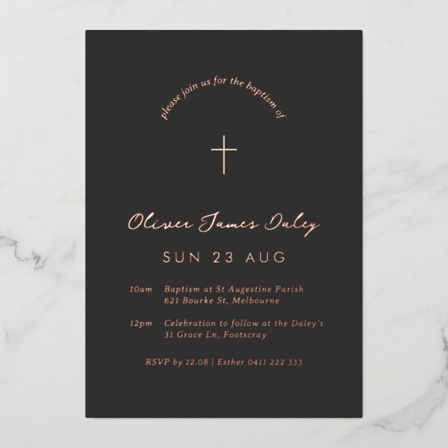 Black Minimal Baptism Christening Cross Invitation (Front)