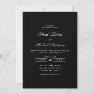 Black Minimal Calligraphy Gold Script Wedding Invitation