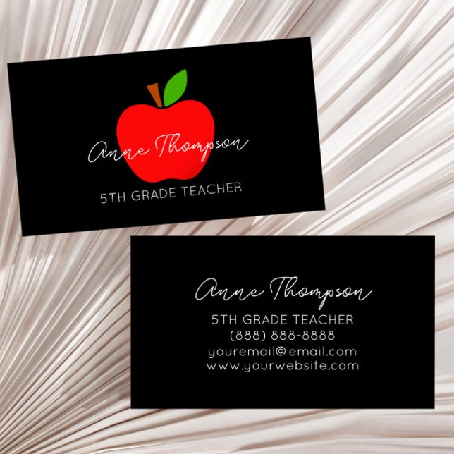 Black Minimal Custom Name Teacher Red Apple Gift Business Card (Creator Uploaded)