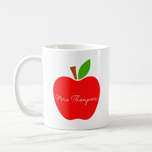 Black Minimal Custom Name Teacher Red Apple Gift Coffee Mug (Left)