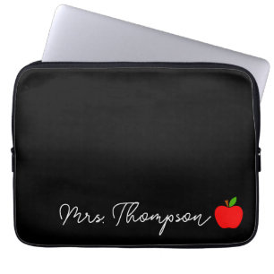 Black Minimal Custom Name Teacher Red Apple Gift Laptop Sleeve