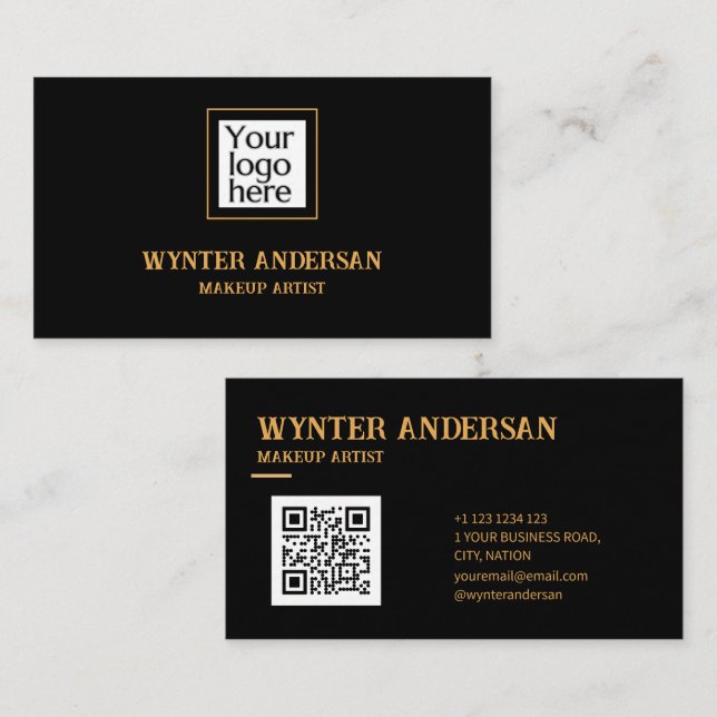 Black Minimal Gold Chic Luxury Custom Logo QR Code Business Card (Front/Back)