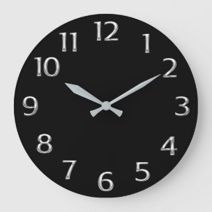 Black Minimal Metal Silver Grey Grey Arabic Numers Large Clock