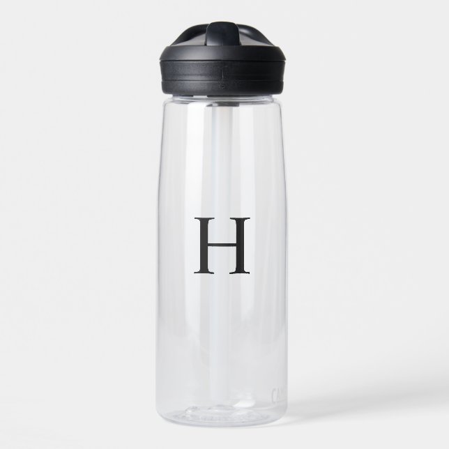 Black Minimal Modern Elegant Monogram Water Bottle (Front)