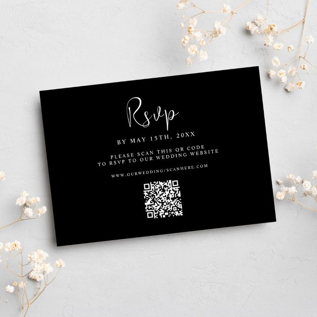 Black Minimal Modern Elegant Wedding QR Code RSVP Card (Creator Uploaded)
