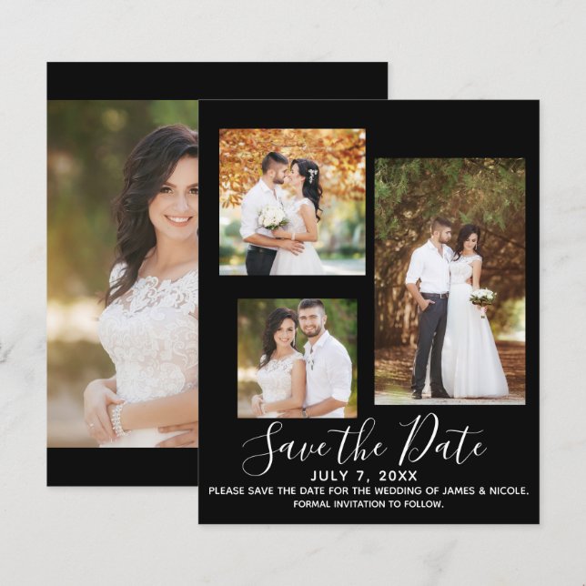 Black Minimal Modern Wedding Photo Save the Date (Front/Back)