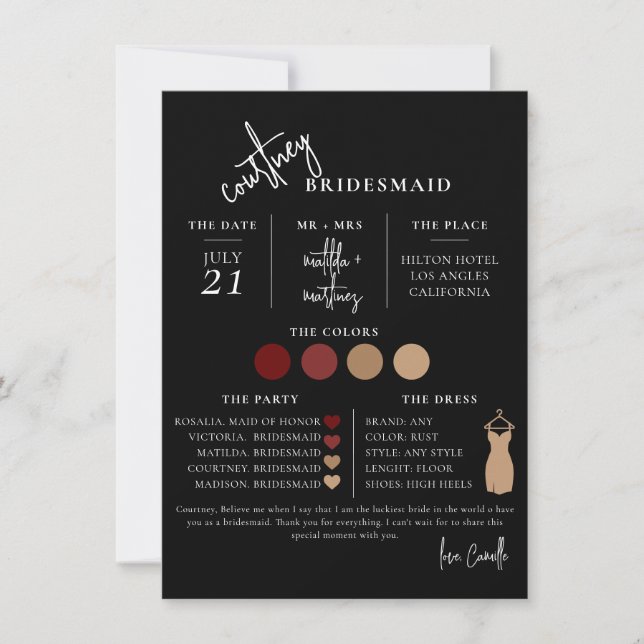 Black Minimal Script Bridesmaid info Template Card (Front)
