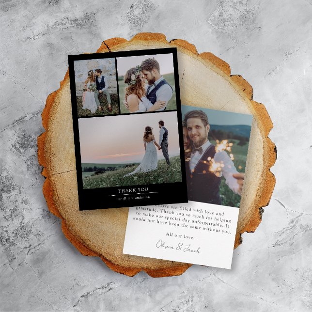 Black Minimalist 4 Photo Wedding  Thank You Card (Creator Uploaded)