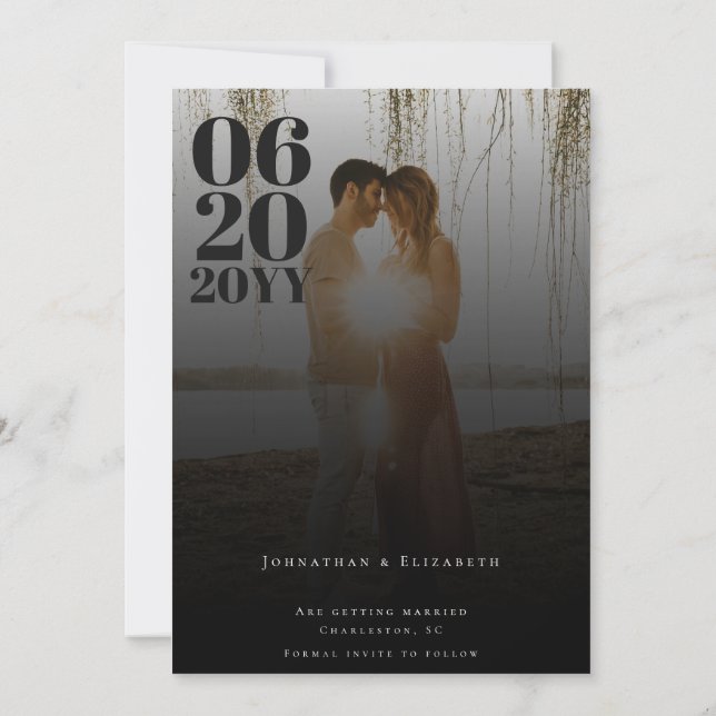 Black Minimalist Bold Type Photo Save The Date (Back)