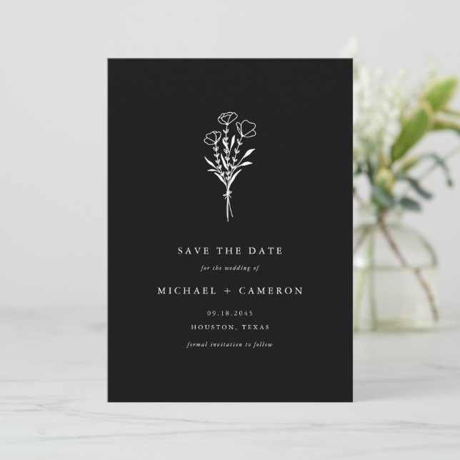 Black Minimalist Botanical Bouquet QR Code Save The Date (Standing Front)