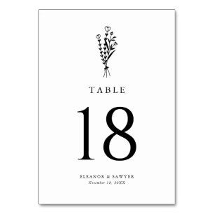 Black Minimalist Botanicals Wedding Table Number