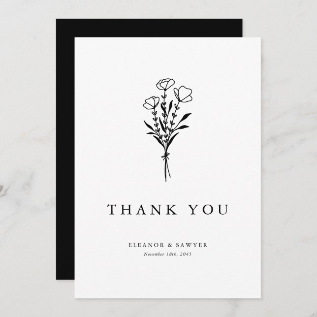Black Minimalist Botanicals Wedding Thank You Card (Front/Back)