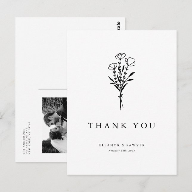 Black Minimalist Bouquet Photo Wedding Thank You Postcard (Front/Back)