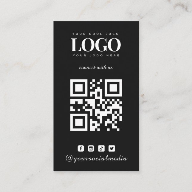 Black Minimalist Custom Logo QR Code &Social Media Business Card (Front)