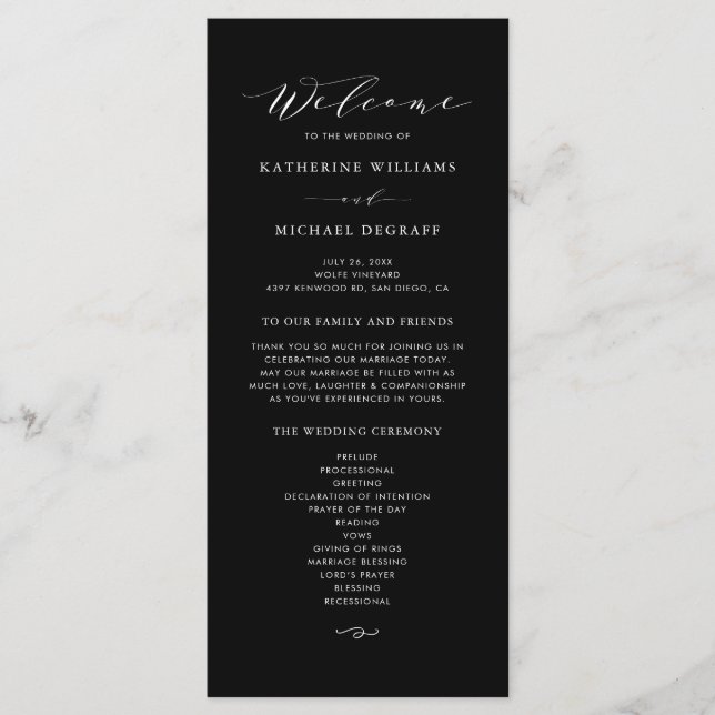 Black Minimalist Dainty Script Wedding Ceremony Program (Front)