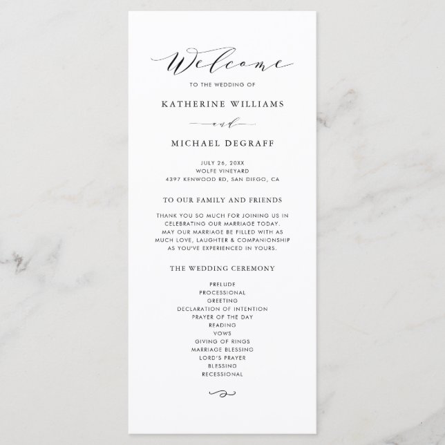 Black Minimalist Dainty Script Wedding Ceremony Program (Front)