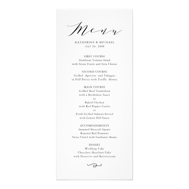 Black Minimalist Dainty Script Wedding Menu Card (Front)