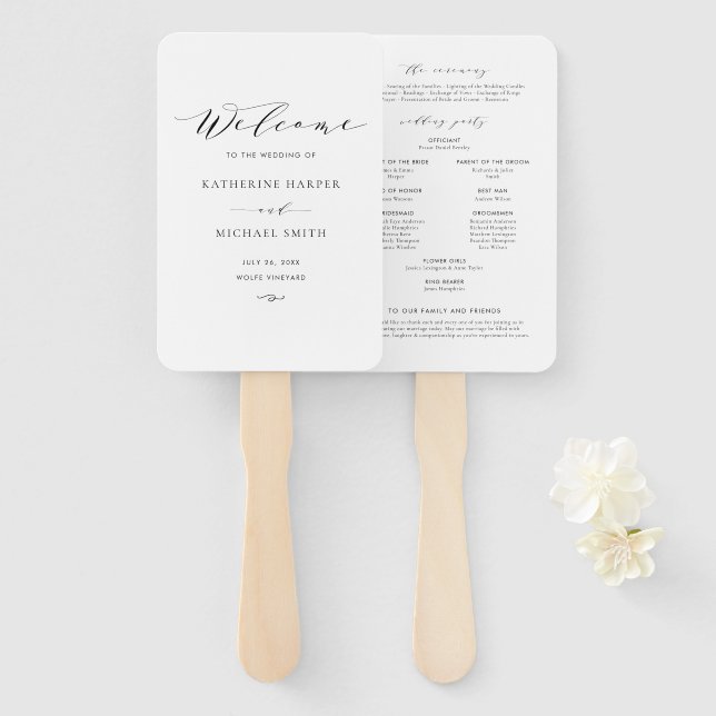 Black Minimalist Dainty Script Wedding Program Hand Fan (Front and Back)