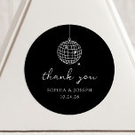 Black Minimalist Disco Ball | Wedding Classic Round Sticker<br><div class="desc">These trendy yet elegant,  dark black wedding or bridal shower stickers feature a modern and minimalist style,  with handwritten white script that says "thank you" as well as classic text. A retro,  hand-drawn disco ball is featured in a subtle illustration.</div>