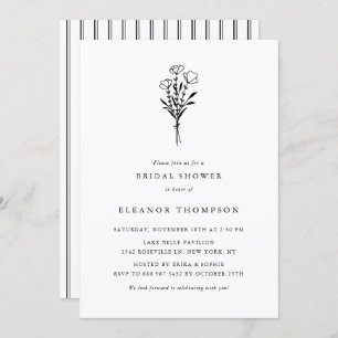Black Minimalist Floral Bouquet Bridal Shower Invitation