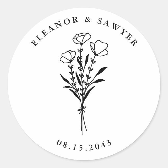 Black Minimalist Floral Bouquet Wedding Classic Round Sticker (Front)