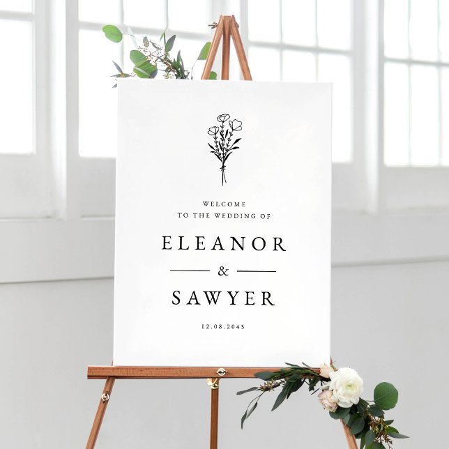 Black Minimalist Floral Bouquet Wedding  Welcome Poster (Customizable boho wedding sign featuring minimalist floral bouquet. Available in other colors )