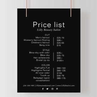 Black Minimalist Formal Beauty Salon Price List