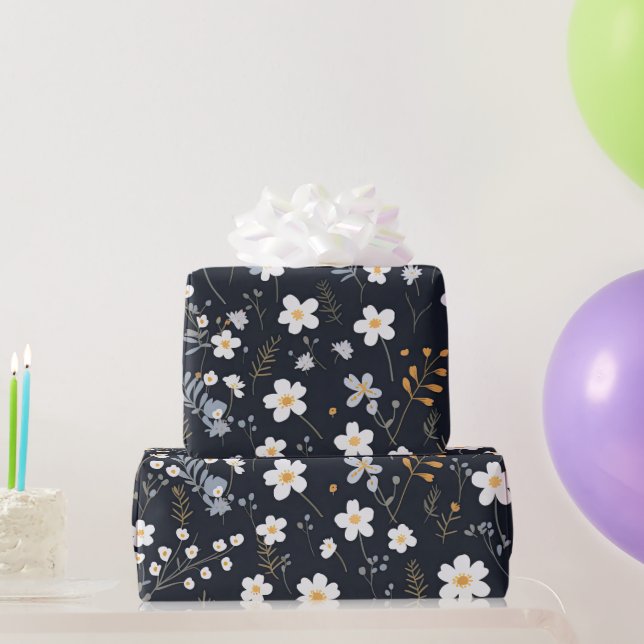 Black Minimalist Gentle Garden Wildflowers Nursery Wrapping Paper (Party Gifts)