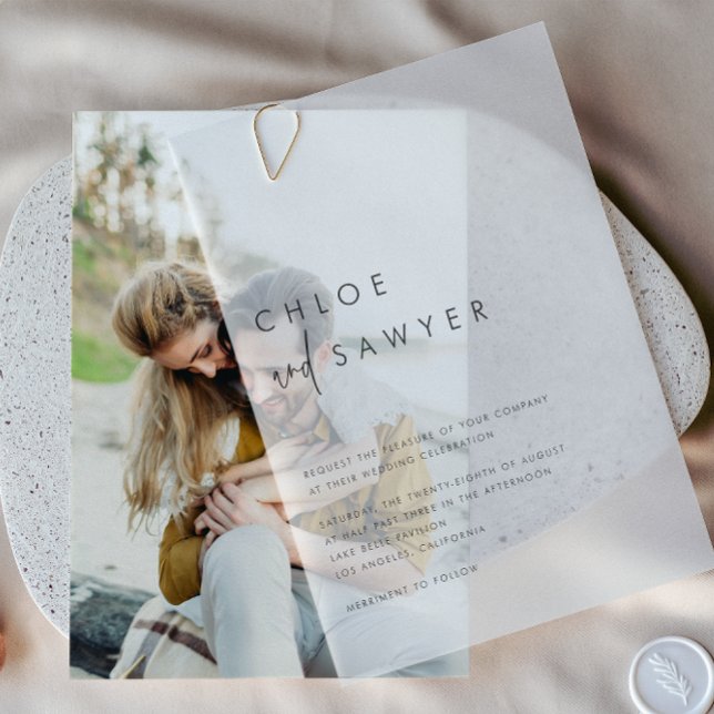 Black Minimalist Handwritten Script Modern Wedding Vellum Invitations (This modern vellum wedding invitation features handwritten script and minimalist typography.)