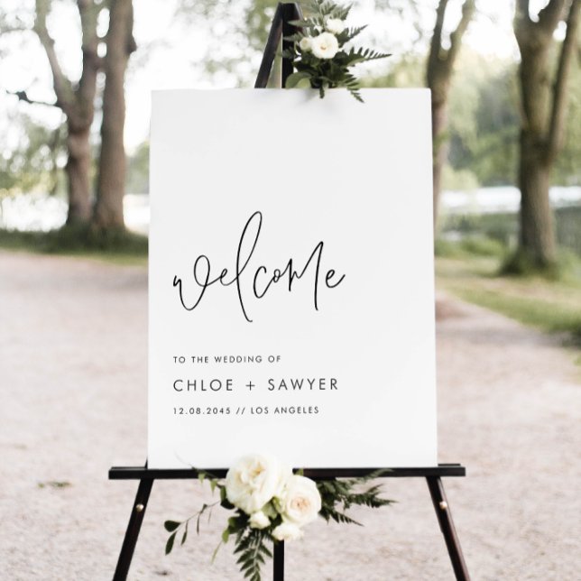 Black Minimalist Handwritten Script Wedding Poster (Add a simple, sophisticated touch to your wedding day with this minimalist wedding welcome sign.)