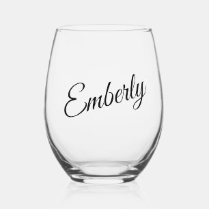 Black Minimalist Handwritten Style Name Stemless Wine Glass
