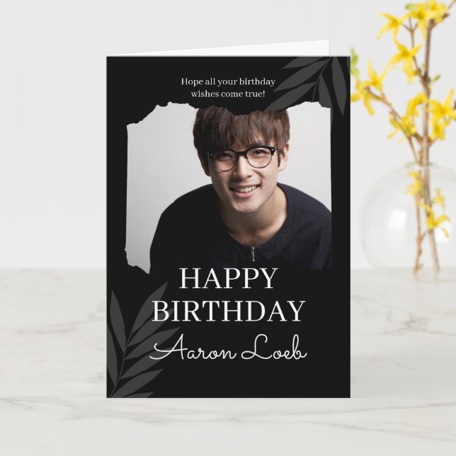 Black Minimalist Happy Birthday Folded Greeting  Card (Yellow Flower)