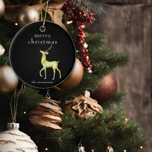 Black Minimalist Merry Christmas Gold Reindeer Ceramic Ornament