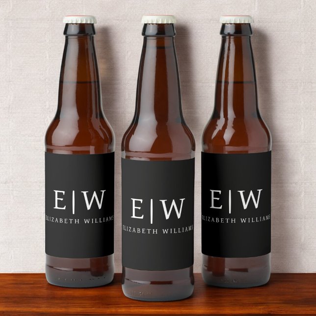 Black Minimalist Modern Monogram Elegant Beer Bottle Label (Creator Uploaded)