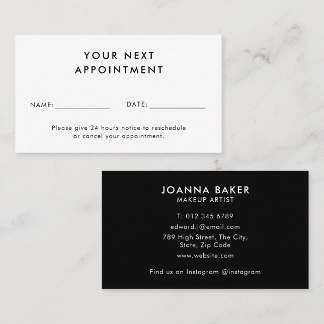Black Minimalist Modern Professional Stylish Appointment Card (Front/Back)