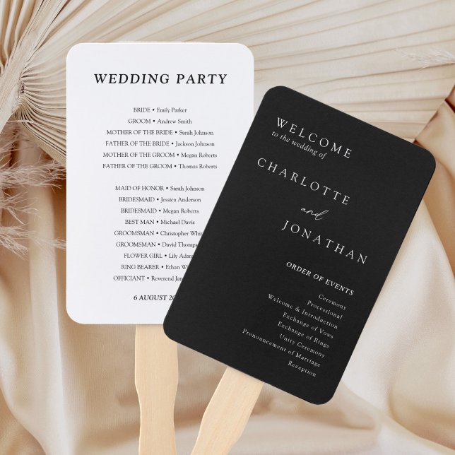 Black Minimalist Modern Wedding Programs Hand Fan (Creator Uploaded)