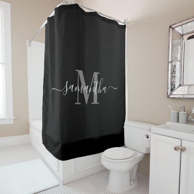 Black Minimalist Monogram Shower Curtain (In Situ)