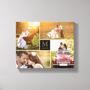 Black Minimalist Monogram Wedding 4 Photo Collage Canvas Print