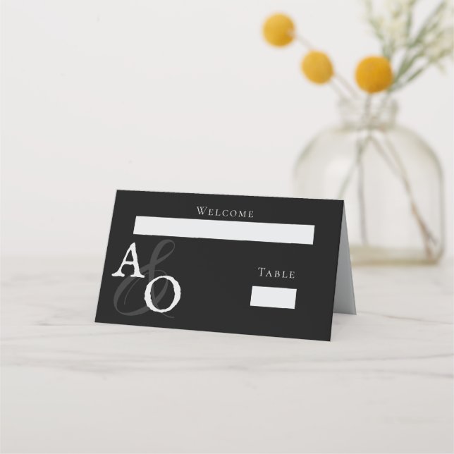 Black Minimalist Monogram Wedding Reception Place Card (Front)