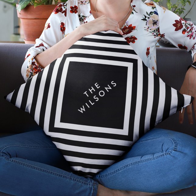Black Minimalist Name Geometric White Pattern Cushion (Creator Uploaded)