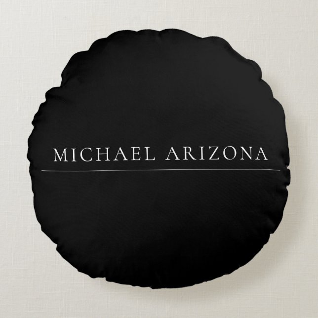 Black Minimalist Plain Modern Own Name Round Cushion (Front)