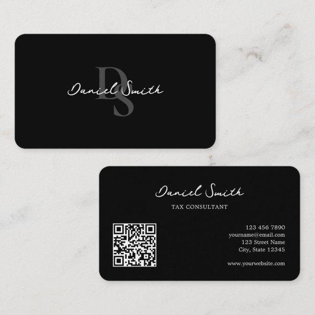 Black Minimalist Professional Monogram QR Code Business Card (Front/Back)