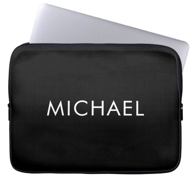 Black Minimalist Professional Plain Simple Name Laptop Sleeve (Front)