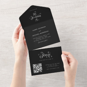 Black Minimalist Retro Typography QR Code All In One Invitation