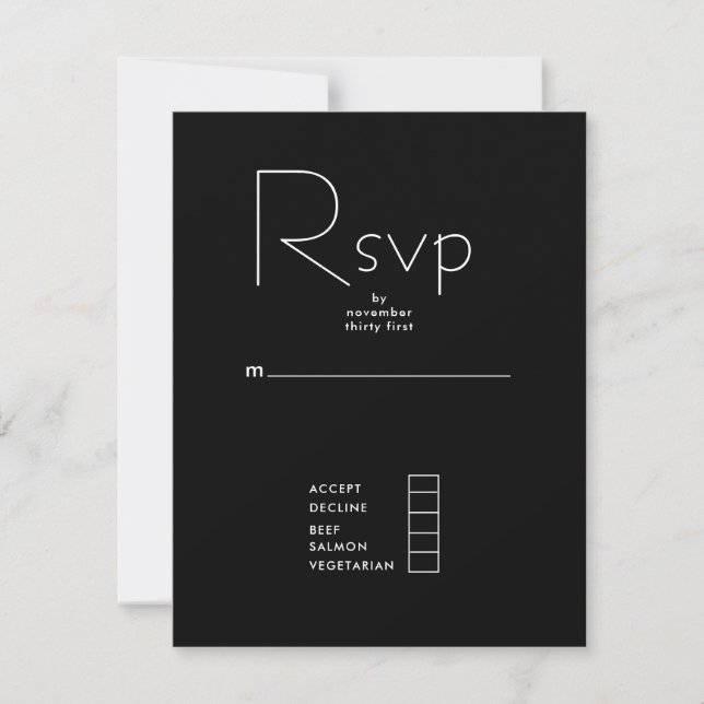 Black Minimalist Sans-Serif Font White Lettering M RSVP Card (Front)