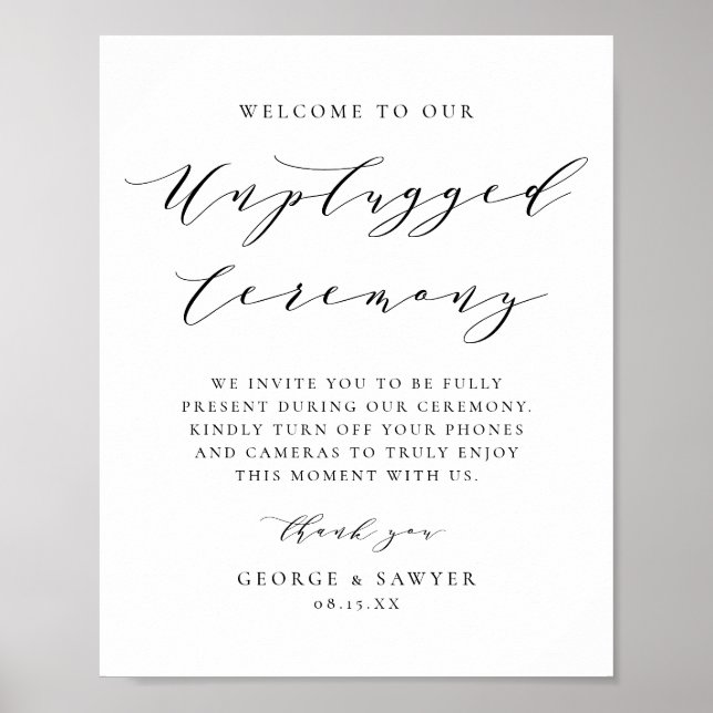 Black Minimalist Script Unplugged Wedding Ceremony Poster (Front)
