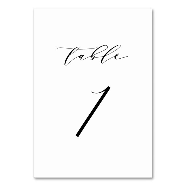 Black Minimalist Script Wedding Table Number Card (Front)