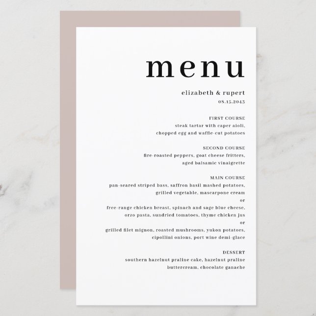Black Minimalist Serif Script Typography Menu Card (Front/Back)