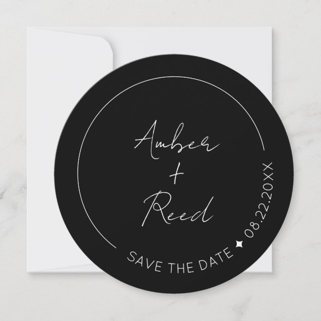 Black Minimalist Simple Script Round Circle  Save The Date (Front)